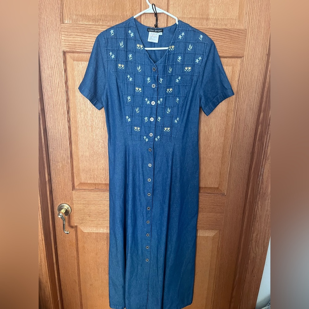 Vintage Lana Sport cotton denim embroidered floral dress teacher